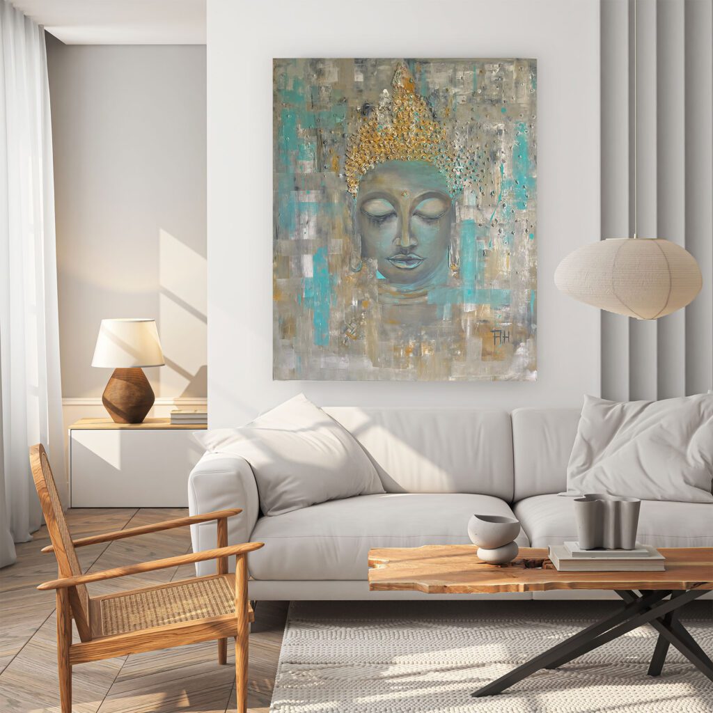 Buddha im Wohnzimmer auf Leinwand