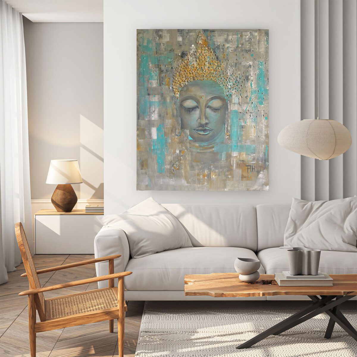 Buddha im Wohnzimmer auf Leinwand
