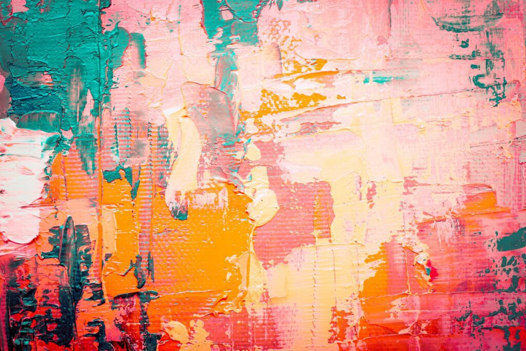 Abstraktes Acrylbild in leuchtenden Farben wie Pink, Orange, Gelb und Türkis, mit dynamischen Pinselstrichen und Texturen auf Leinwand.