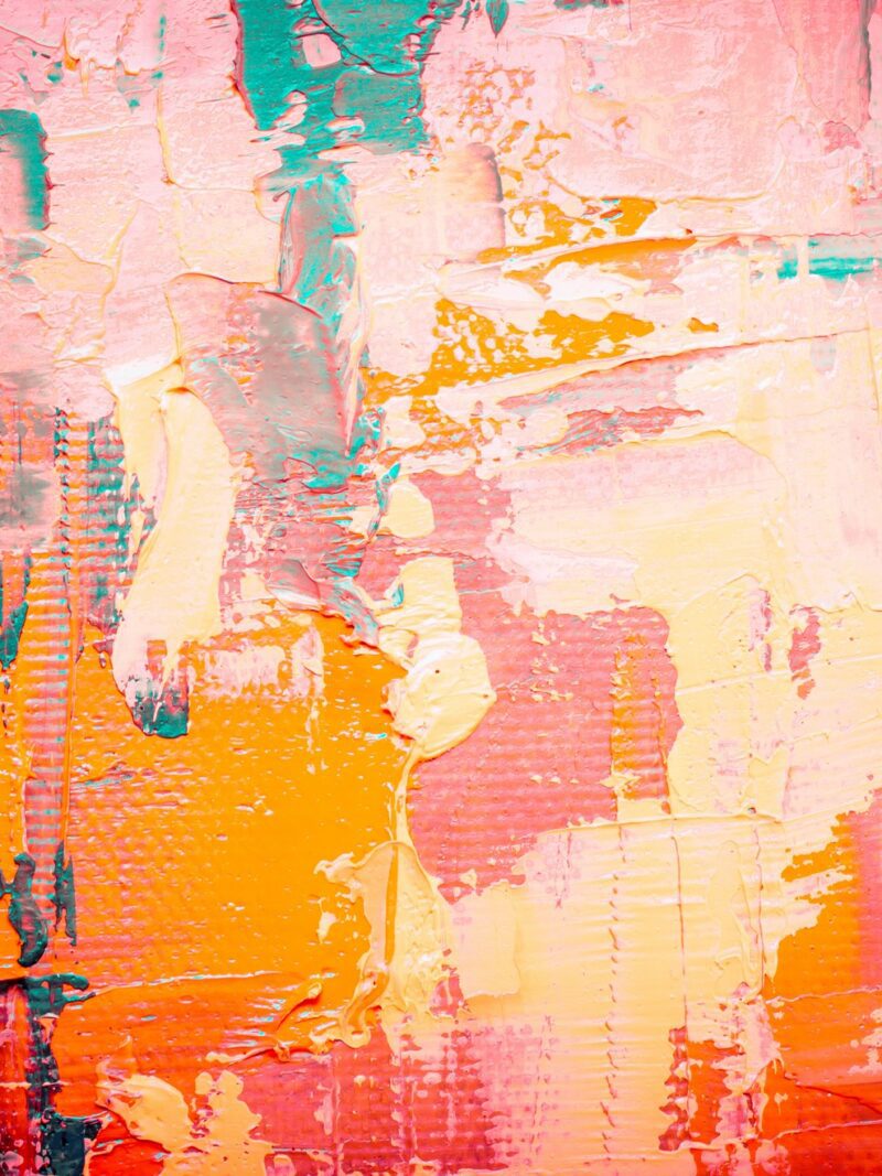 Abstraktes Acrylbild in leuchtenden Farben wie Pink, Orange, Gelb und Türkis, mit dynamischen Pinselstrichen und Texturen auf Leinwand.