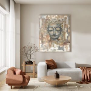 Buddha-Gemälde in Grau-, Beige- und Goldtönen, stilvoll präsentiert in einem modernen Wohnzimmer mit neutraler Einrichtung.